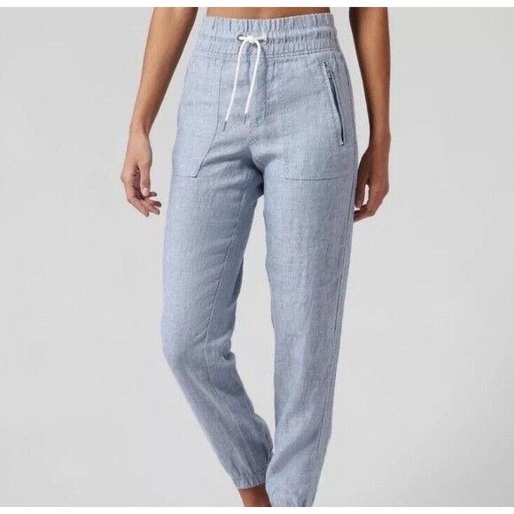 ATHLETA Women's Size 4 Light Blue Cabo 100% Linen Jogger Pants Drawstring Waist - Picture 1 of 13